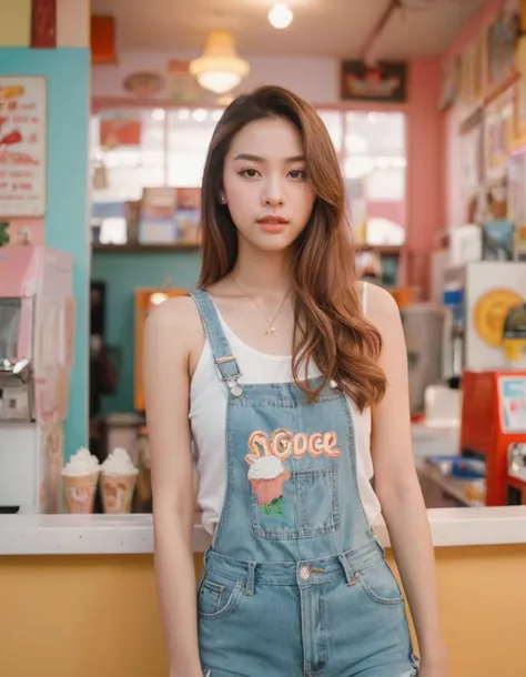 Portrait MagMix Girl look at camera, long hair, Overalls, Retro ice cream parlor with pastel-colored walls, a classic soda fountain counter, and vintage ice cream posters, bathed in warm sunlight, analog film photo, Kodachrome.