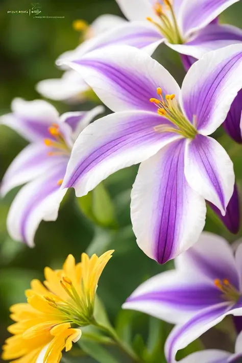 purple flower with yellow stamens and yellow stamens, a macro photograph inspired by lily delissa joseph, featured on flickr, photorealism, lily, lily flower, lily flowers, advertising photography, stunning photoshot, hd photograph, high resolution photo, (highly detailed), (ultra realistic)