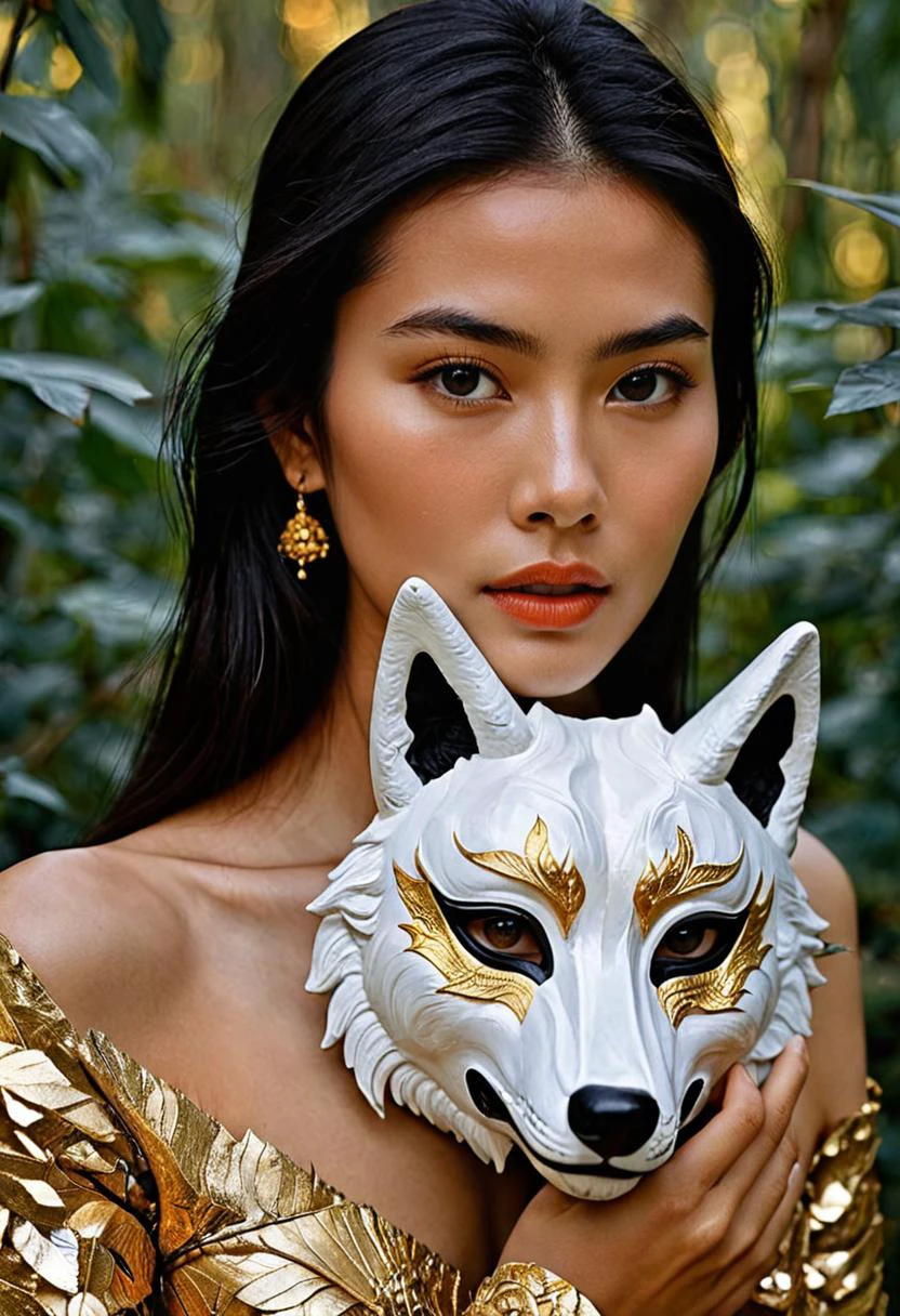 (Soft Lighting Photography by Mimoza Veliu and Mario Giacomelli:1.2), NSFW,
With main theme color of ember, white and black, a photo portrait depicts a Thailand princess in holding a white wolf mask which covering half of her face, sexy, Thai elements, gold,<lora:TWbabeXL01:0.4>