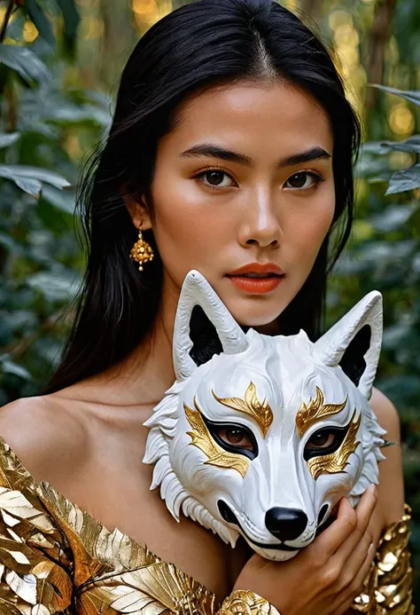 (Soft Lighting Photography by Mimoza Veliu and Mario Giacomelli:1.2), NSFW, 
With main theme color of ember, white and black, a photo portrait depicts a Thailand princess in holding a white wolf mask which covering half of her face, sexy, Thai elements, gold,<lora:TWbabeXL01:0.4>