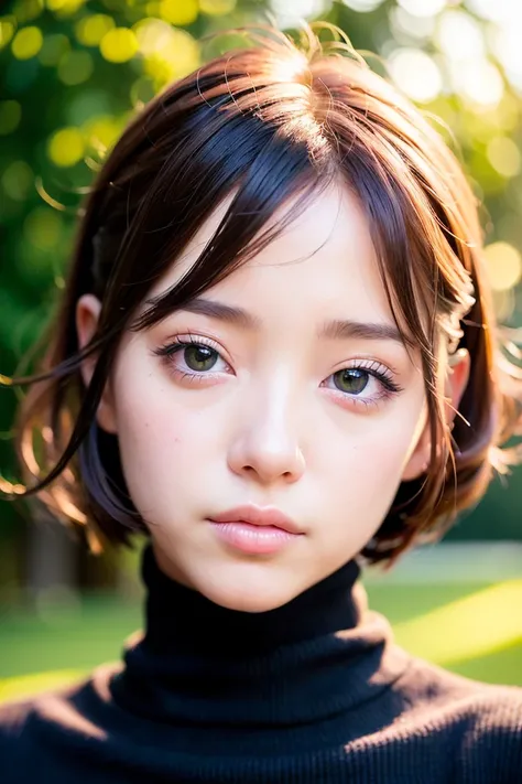 (MASTERPIECE:1.2),(CGI ART:1.3),(REALISTIC:1.5),(POST PROCESSING:1.3),(SHARP FOCUS:1.3),8K,1 girl, ((Portrait)), ((turtleneck)), (((shiny skin))),garden, (high shadows detail) , (ILLUSTRATION:1.2), (ulzzang-6500:1.0)