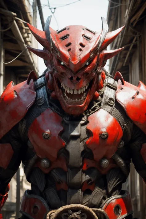 red Japanese Oni Mask , ninja, armor , skull, sharp teeth, glowing eyes, cyberpunk, biomechanical
<lora:nijiMecha:0.8> <lora:add_detail:1>