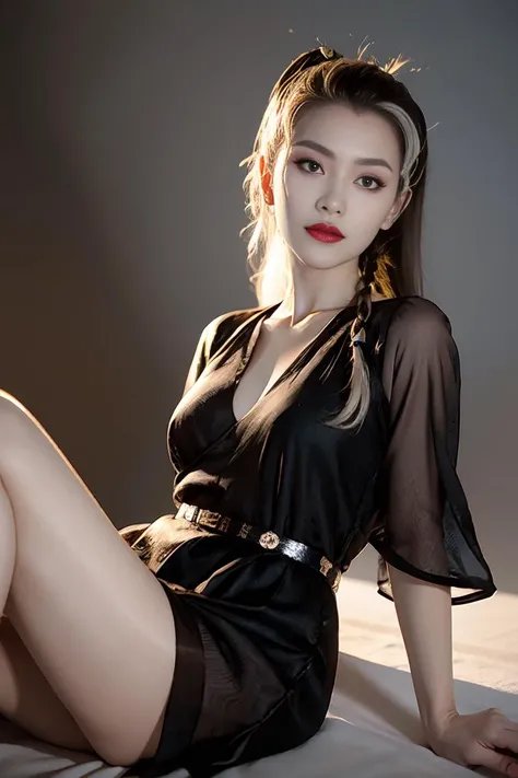 nsfw, 8K raw photo, Best quality, masterpiece, ultra high res, dynamic angle, 1girl, looking at viewer, natural skin texture, realistic eye and face details, full lips, lipstick, rouge \(makeup\), red eyeshadow, little smile, dynamic pose, wearing see trough dress, elegtant dress, medium breasts, (black | white:1.3 hair), fluffy long hair, twintails, beautiful legs, tall female, skinny, slim_legs, night scene, dark, a stunning photo with beautiful saturation by Emily Soto, Complex background, sultry, seductive, wet dress, <lora:hanfu:1>
