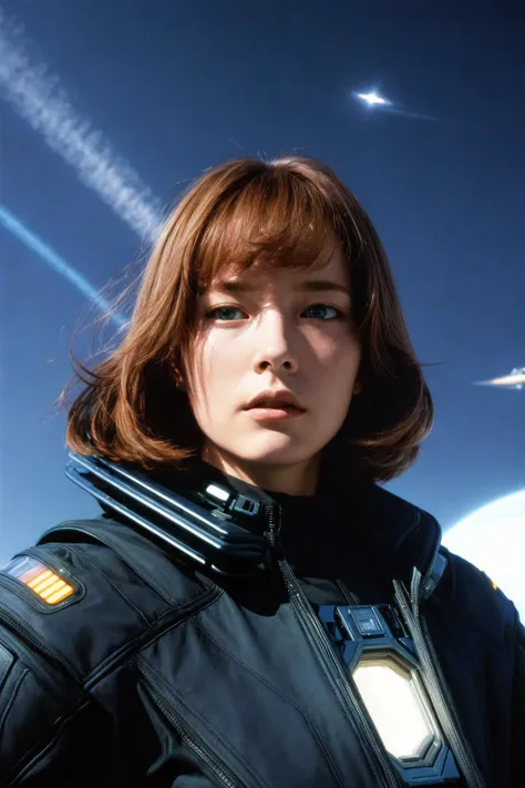 1 woman, beautiful, sharp, detailed face, realistic
, black jacket,  ,  sun, upper body, space ship
future, sci-fi, colorful  Ralph McQuarrie
(masterpiece, best quality:1.3), <lora:add_detail:1>
