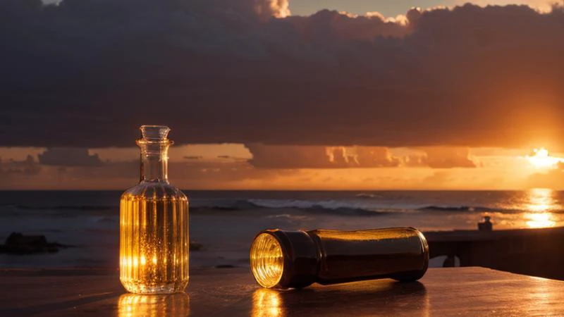 Ship in a bottle, heavy seas, sunset, storm,
On table, detailed Victorian sitting room,
