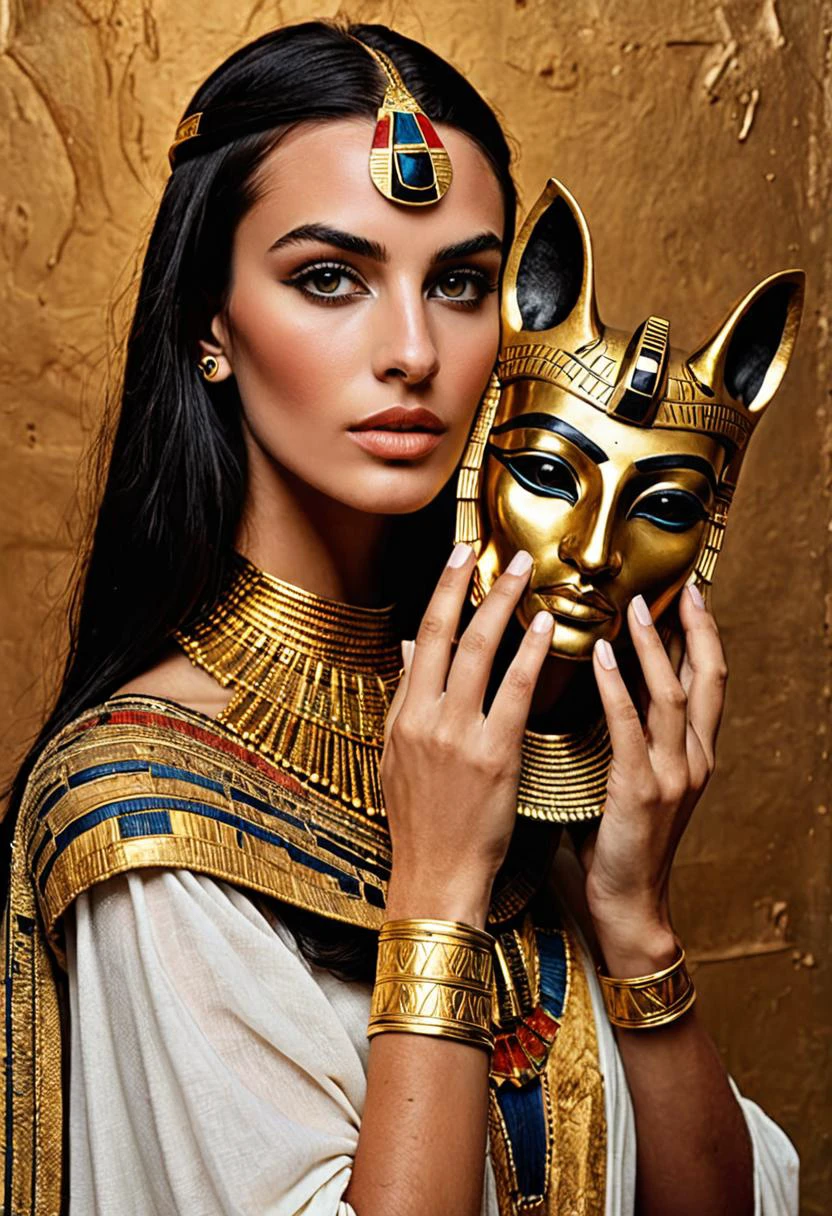 (Soft Lighting Photography by Mimoza Veliu and Mario Giacomelli:1.2), NSFW,
With main theme color of ember, white and black, a photo portrait depicts an ancient Egyptian princess in holding an Anubis mask which covering half of her face, sexy, Egyptian elements, gold<lora:TWbabeXL01:0.4>