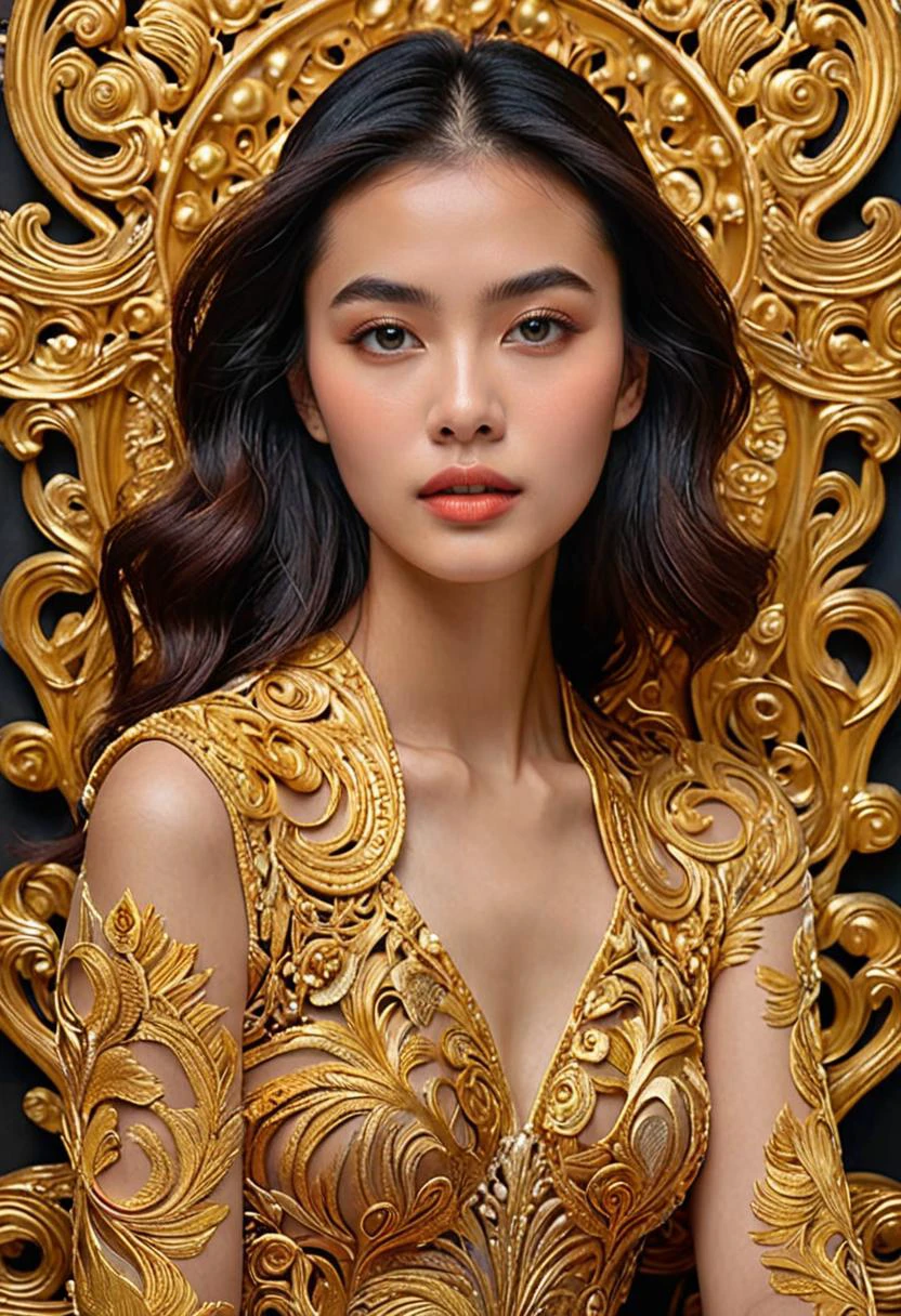 (Soft Lighting Photography by Mimoza Veliu and Mario Giacomelli:1.2), NSFW, romanticism art by Jean-Leon Gerome and Conrad Roset, Painting, singularity ocean in the depth-spanning evocative form of this pullarist and whimsical creation: one beautiful Thai Royal female with an intelligent figure who radiates passion and intelligence. She wearstrupted into her impressionist physique to decipher what she wants out. She moves confidently across all shapes and sizes crafted from high fiber, carrying through a swirly energy network in which they are filled with complex parts, It is both terrifying for viewers and captivating melancholic, luxurious sharp focus, intense, dynamic cinematic color, intricate detail, best, located artistic, Fashion and art, elegant and sophisticated, innovative use of light and shadow, capturing the glamour of mid-20th century fashion, Art Nouveau, decorative, allegorical, symbolic, sexy, Ancient Thai elements, traditional Thai, gold,<lora:TWbabeXL01:0.4>