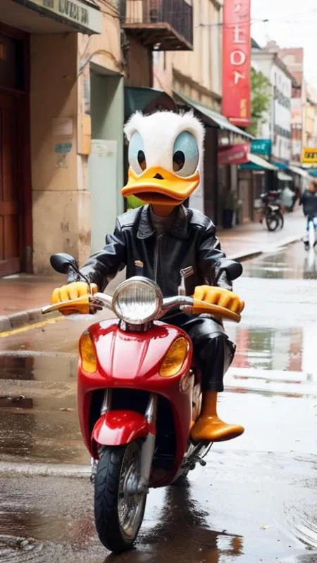 D0nald duck <lora:d0nald12CIVIT:0.8> , on a red motorcycle , realistic