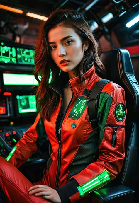 (Soft Lighting Photography by Mimoza Veliu and Mario Giacomelli:1.2), NSFW, green and red contrast lighting, dynamic viewpoint, dynamic angle, 1girl, mech pilot, long brown hair wearing reflective goggles pilot clothing and partially unzipped one-piece jumpsuit exposing a white tank top, holding a cigarette, sitting in the cockpit of a humanoid battle mech, ((cyberpunk industrial complex background))<lora:TWbabeXL01:1.5>