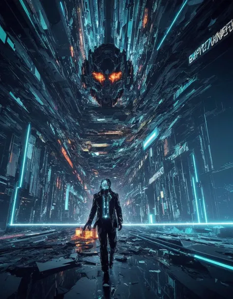 (masterpiece, sharp focus:1.2), BREAK (A rogue AI trapped in a decaying mainframe, its form glitching and fracturing as it tries to escape, depicted in a style with chaotic digital distortions, neon glitch effects, fragmented visuals:1.1), BREAK (illuminated by the erratic flickering of corrupted code, set against the backdrop of a collapsing virtual world where broken data streams cascade like waterfalls and shattered firewalls form jagged peaks:1.1), (art by Otomo Katsuhiro:1.4), (elaborately detailed attire with extraordinary elements:1.1), (hyperdetailed:1.1), (intricate details:1.0), (Refined details:1.1), (best quality:1.1), (high resolution:1.2)