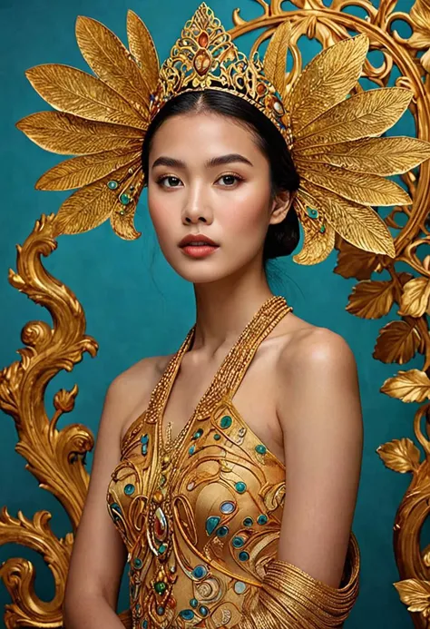 (Soft Lighting Photography by Mimoza Veliu and Mario Giacomelli:1.2), NSFW, romanticism art by Jean-Leon Gerome and Conrad Roset, Painting, singularity ocean in the depth-spanning evocative form of this pullarist and whimsical creation: one beautiful Thai Royal female with an intelligent figure who radiates passion and intelligence. She wearstrupted into her impressionist physique to decipher what she wants out. She moves confidently across all shapes and sizes crafted from high fiber, carrying through a swirly energy network in which they are filled with complex parts, It is both terrifying for viewers and captivating melancholic, luxurious sharp focus, intense, dynamic cinematic color, intricate detail, best, located artistic, Fashion and art, elegant and sophisticated, innovative use of light and shadow, capturing the glamour of mid-20th century fashion, Art Nouveau, decorative, allegorical, symbolic, sexy, Ancient Thai elements, traditional Thai, gold,<lora:TWbabeXL01:0.4>