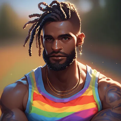 prideb4fall, dreadlocks, dark skin, solo, 1boy, beard, male focus, dark-skinned male, very dark skin, facial hair, tank top, tattoo, black hair, jewelry, earrings, upper body, blurry background, blurry, looking at viewer, made of rainbows, rainbow overlay, pride month, rainbows, score_9, score_8_up, score_7_up, score_6_up