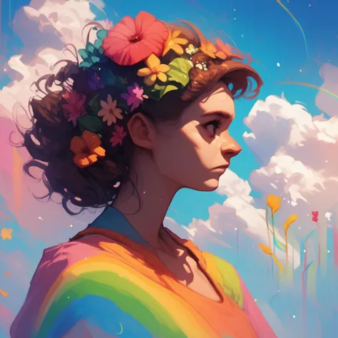 prideb4fall, 1girl, flower, solo, rainbow, colorful, long hair, dress, cloud, hair flower, hair ornament, profile, brown hair, short sleeves, made of rainbows, rainbow overlay, pride month, rainbows, score_9, score_8_up, score_7_up, score_6_up