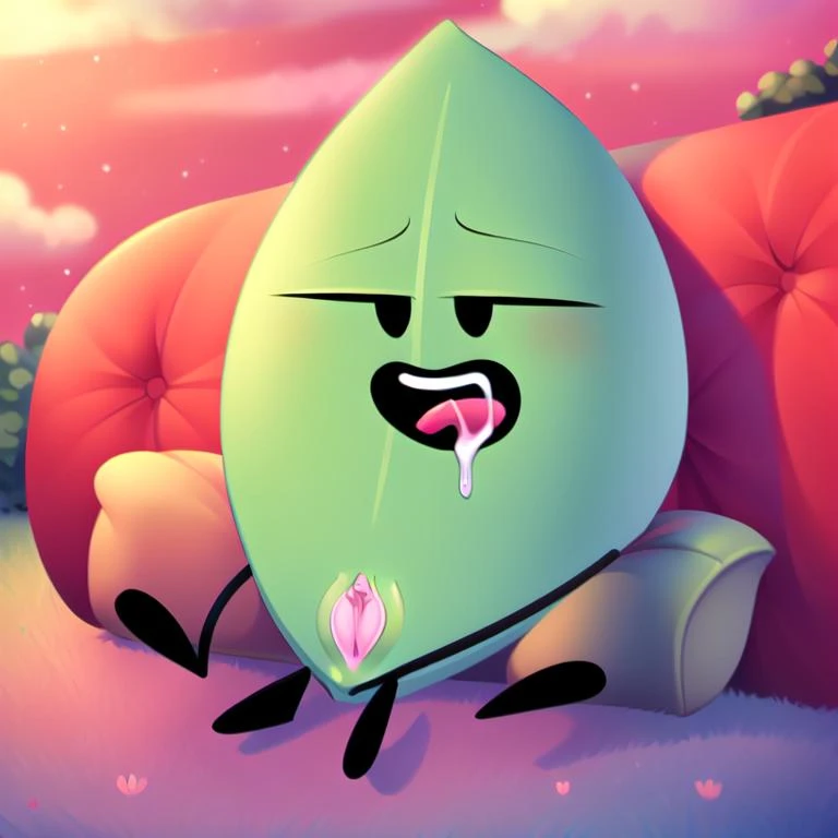 solo, full body, leafyBFDI, objectOSC, green body, pussy, clitoris, open mouth, bedroom eyes, looking aside, drooling, reclining, outside, art by luridime <lora:nsfwosc-run2:1>, (best quality, masterpiece:1), detailed
