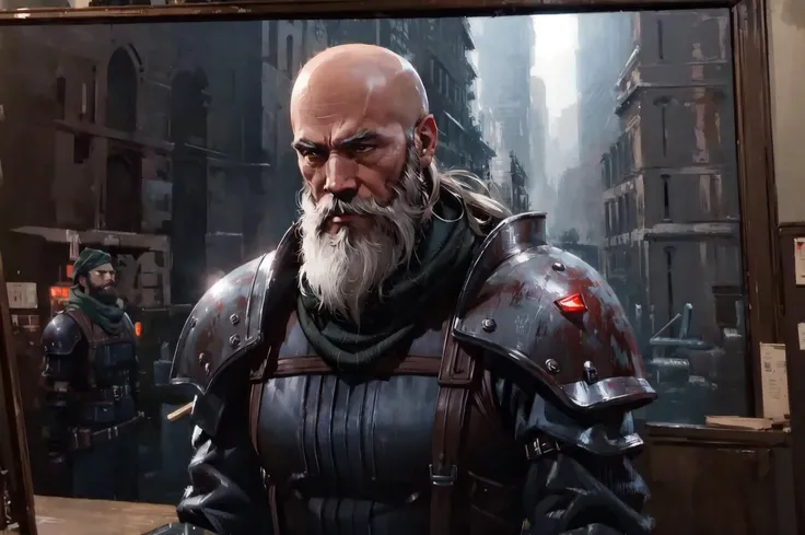 1boy,bald, (long beard:1.1), soldier, Shinra, final fantasy vii, BREAK SOLDIER uniform, front view, Cinematic, Dramatic, Strobe Light, upper body, close-up, shinra_infantry_uniform, <lora:shinra_infantry_uniform:0.9> <lora:bichu-v0612:1> BICHU, OIL PAINTING