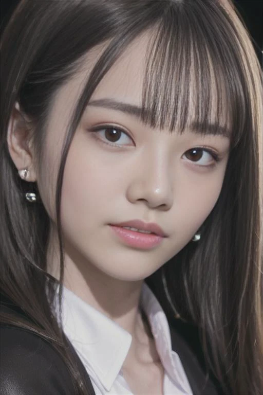 Nikon RAW photo,8 k,Fujifilm XT3,masterpiece, best quality, realistic, photorealistic,ultra detailed,1girl,solo, close up portrait, diamond stud earrings, long straight black hair, hazel eyes, serious expression, black blazer ,white shirt, white blouse, standing against a city skyline at night ,