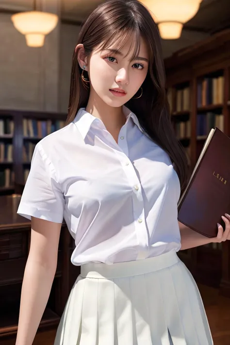 masterpiece, best quality, ultra high res, (photorealistic:1.4), beautiful lighting, RAW photo, 8k uhd, ultra detailed face, realistic lightning, beautiful girl, sweet girl, <lora:hipoly3dModelLora_v10:0.6>, ((wearing white shirt and  long pleated skirt)), library,  long shot, shy, <lora:saikaKawakita_saikaV30:0.6>, hiding face behind book,