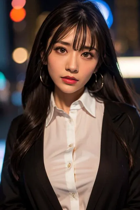 Nikon RAW photo,8 k,Fujifilm XT3,masterpiece, best quality, realistic, photorealistic,ultra detailed,1girl,solo,
close up portrait,
diamond stud earrings, long straight black hair, hazel eyes, serious expression, black blazer ,white shirt, white blouse, standing against a city skyline at night ,
<lora:saikaKawakita_saikaV30:1>