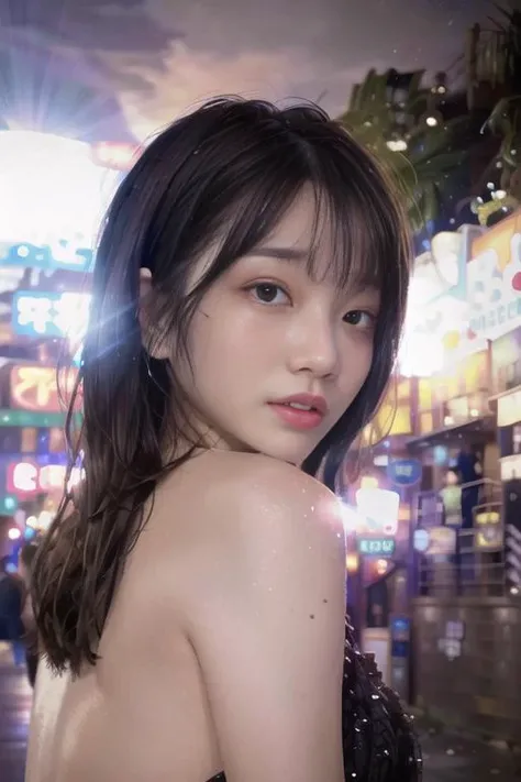 (masterpiece:1.3), (best quality:1.4), perfect lighting, ultra high res, photorealistic, ultra detailed,High detail RAW color photo, professional photograph,[:(highly detail face: 1.2):0.1],extremely detailed face,lens flare, shade, bloom, backlighting, depth of field, natural lighting, hard focus, film grain,realistic,((detailed background:1.3)), outdoor, (night time setting),amusement park rides and attractions in background,colorful,beautiful,real human skin, pore,pureerosface_v1, 1 girl, solo, <lora:saikaKawakita_saikaV20:1>,<lora:lightAndShadow_v10:1>,