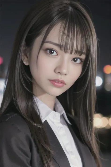 Nikon RAW photo,8 k,Fujifilm XT3,masterpiece, best quality, realistic, photorealistic,ultra detailed,1girl,solo, close up portrait, diamond stud earrings, long straight black hair, hazel eyes, serious expression, black blazer ,white shirt, white blouse, standing against a city skyline at night ,