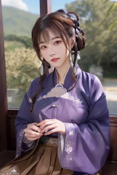 (portrait:1.4), masterpiece, best quality, highres, long brown updo hair,(looking at viewer:1.3), jewelry hairpin, breast,  temple with cloud, outside,  <lora:hanfu_v28:1>, (songstyle, song clothing,ligh blue printed song hanfu:0.9),  <lora:saikaKawakita_saikaV30:1>, saika1