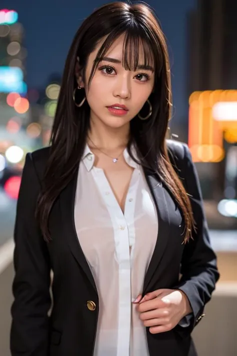 Nikon RAW photo,8 k,Fujifilm XT3,masterpiece, best quality, realistic, photorealistic,ultra detailed,1girl,solo, close up portrait, diamond stud earrings, long straight black hair, hazel eyes, serious expression, black blazer ,white shirt, white blouse, standing against a city skyline at night , saika1, <lora:saikaKawakita_saikaV30:1>