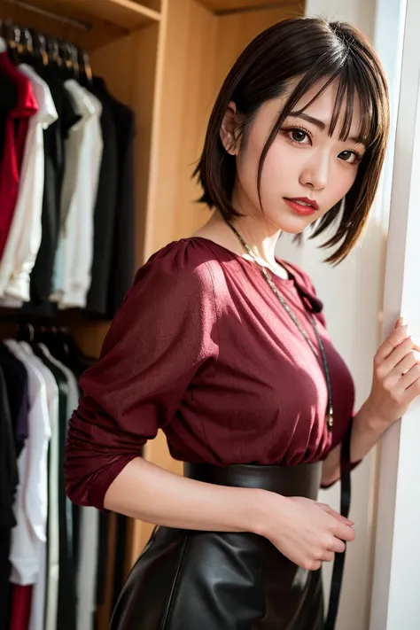 Nikon RAW photo,8 k,Fujifilm XT3,masterpiece, best quality, realistic, photorealistic,ultra detailed,1girl,solo,
close up portrait,
standing, fashionable and trendy atmosphere, walk-in closet, designer clothing and accessories,
saika1, <lora:saika___v3:1>