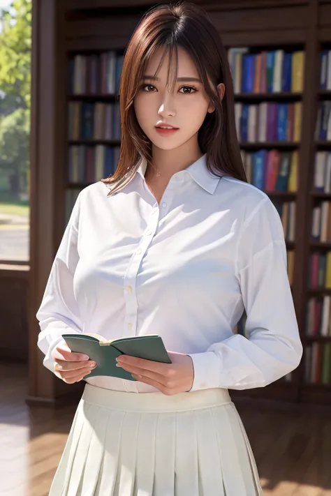 masterpiece, best quality, ultra high res, (photorealistic:1.4), beautiful lighting, RAW photo, 8k uhd, ultra detailed face, realistic lightning, beautiful girl, sweet girl, <lora:hipoly3dModelLora_v10:0.6>, ((wearing white shirt and long pleated skirt)), library, long shot, shy, <lora:saikaKawakita_saikaV30:0.6>, hiding face behind book, indoors,