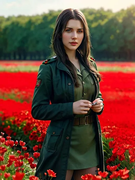 desirable girl in soldier's clothes standing in a field of red flowers, sharp focus, illustration, highly detailed, digital painting, concept art, matte, art by WLOP and Artgerm and Greg Rutkowski, masterpiece, 8 k <lora:add-detail-xl :1><lora:saika___v3:1>