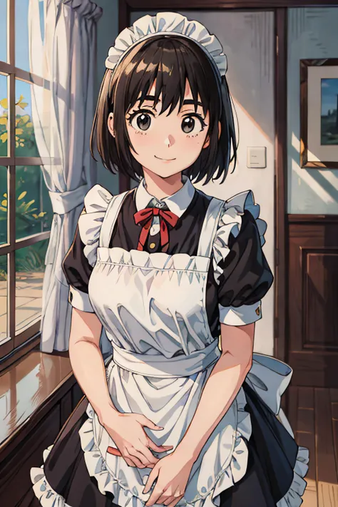 masterpiece, best quality, absurdres, perfect antomy, 1girl, solo, Ayase Fuuka, smile, maid, frills, skirt, apron, maid headdress, <lora:add_detail:0.5>, <lora:AyaseFuukaLORA-000007:1>,