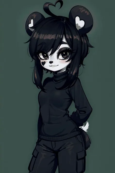 kenny \(kenashcorp\), 1girl, (panda, panda girl), furry, panda ears, heart ahoge, animal nose, black and white fur, black arms, eyes makeup, black eyes, panda tail, cheek heart, black hair, medium hair, simple background, dark background, black sweater, turtleneck, black cargo pants <lora:Kenny_Ashcorp:0.9>,