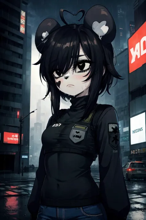 kenny \(kenashcorp\), masterpiece, best quality,1girl, (panda, panda girl), furry, panda ears, animal nose, black fur, white fur, eyes makeup, black eyes, panda tail, heart ahoge, cheek heart, black hair, medium hair, black sweater, turtleneck, military tactical vest, black bulletproof vest, frown, outdoors, night, cyberpunk, upper body, denim pants, neons, billboards, rain, raining, wet, looking away <lora:Kenny_Ashcorp:1>