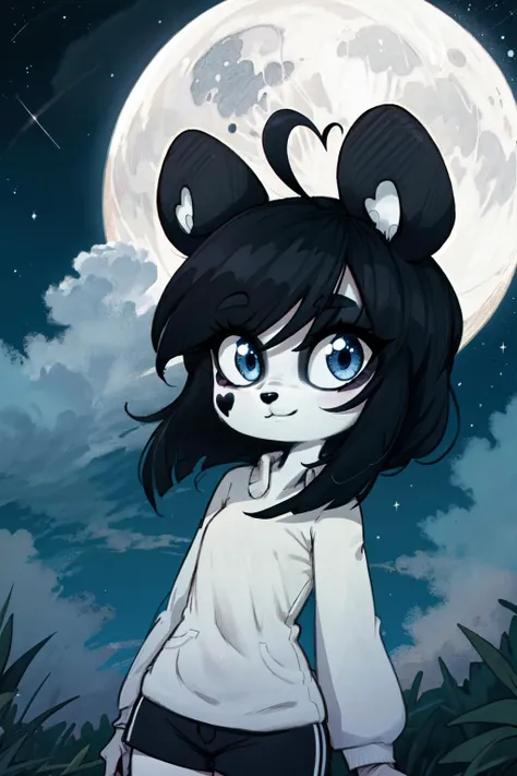 kenny \(kenashcorp\), 1girl, (panda, panda girl,), furry, panda ears, heart ahoge, animal nose, black fur, white fur, black arms, eyes makeup, blue eyes, panda tail, cheek heart, black hair, medium hair, dutch angle, looking at viewer, outdoors, night, clouds, moon, stars, white shirt, black shorts <lora:Kenny_Ashcorp:1>,