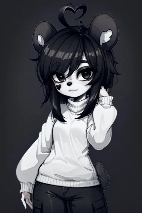 kenny \(kenashcorp\), 1girl, (panda, panda girl), furry, panda ears, heart ahoge, animal nose, black and white fur, black arms, eyes makeup, black eyes, panda tail, cheek heart, black hair, medium hair, simple background, dark background, black sweater, turtleneck, black cargo pants <lora:Kenny_Ashcorp:0.9>,