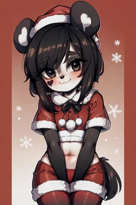 kenny \(kenashcorp\), 1girl, (panda, panda girl), furry, panda ears, animal nose, black and white fur, black arms, black legs, eyes makeup, black eyes, panda tail, cheek heart, black hair, medium hair, santa costume, santa hat, :3, smile, blushing, looking at viewer, from below, red background, two-tone background, snowflakes, white outline, red thighhighs, <lora:Kenny_Ashcorp:0.9>