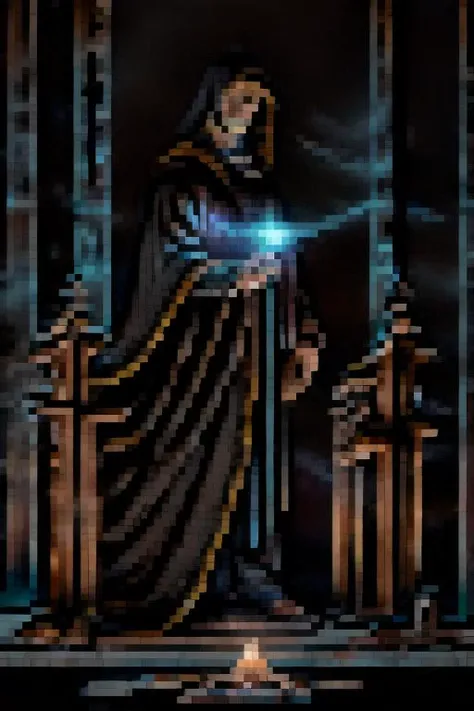 ominous man in a dark purple cloak and glowing eyes, indoor stone brick masonry, candlelight, priest cross necklace, doom, darkness