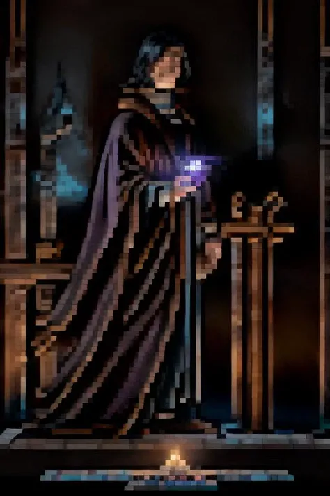 ominous man in a dark purple cloak and glowing eyes, indoor stone brick masonry, candlelight, priest cross necklace