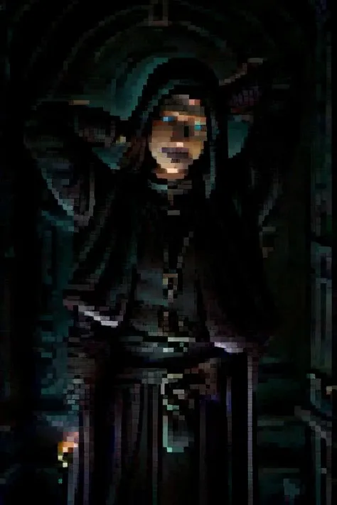 ominous man in a dark purple cloak and glowing eyes, (dark long sleeves), indoor stone brick masonry, candlelight, priest cross necklace, doom, darkness