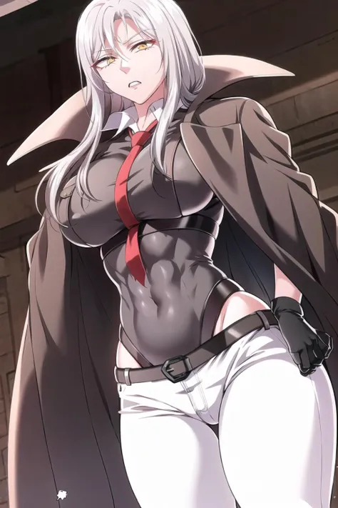 long hair, solo , shirt ,pants , 1girl , necktie, red necktie, white hair, gloves, yellow eyes, belt , collared shirt, white_pants, leotard,, coat, open coat, ((abs))