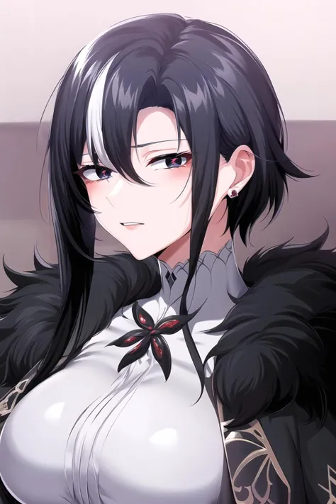 masterpiece, high quality, Arlecchino(genshin impact), x shaped pupils, 1girl, solo, black hair, multicolored hair, fur trim, red pupils, x-shaped pupils, symbol-shaped pupils, short hair, white hair, hair between eyes, upper body, streaked hair, fur-trimmed coat, jewelry, earrings, black eyes, bangs
