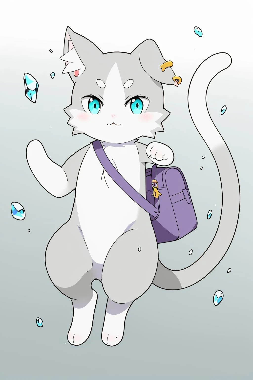 <lora:å¸å
6V:0.8>,cat,cat creature,solo,aqua eyes,<lora:add_detail:0.3>,<lora:è°æ´colorful_V1_lbw:0.3>,ice world,
Long tail,grey tail,white tail,Leaf-like markings,cat ear earrings,Curly hair tuft,white cat hand,white cat feet,white eyebrows,grey cat body,one hand up,floating,purple bag,, Exquisite visuals, high-definition,masterpiece,best quality,
