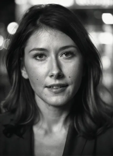 candid RAW close up portrait photo of sks woman in a (purple colored suit:1.0) on a dark street with shopping windows (at night:1.2), bokeh, Ilford Delta 3200 film, dof, high definition, detailed, intricate, flashlight, <lora:locon_jessiebuckley_v1_from_v1_64_32:1>