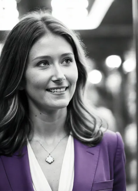 candid RAW close up portrait photo of sks woman in a (purple colored suit:1.0) on a dark street with shopping windows (at night:1.2), bokeh, Ilford Delta 3200 film, dof, high definition, detailed, intricate, flashlight, <lora:locon_jewelstaite_v1_from_v1_64_32:1.25>