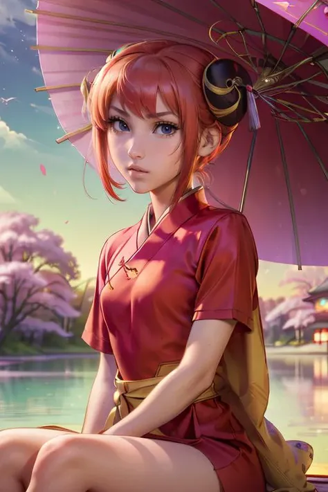 Best quality, best anatomy, 4k, 1 girl, sitting, bench, (holding an umbrella:1.4), Japan, <lora:kagura_(gintama)_v1:1>, <lora:Kittew+prywinko:0.8>:, kgr1, red dress, double bun, bun cover, china dress, chinese clothes, knee boots, short sleeves, small breasts