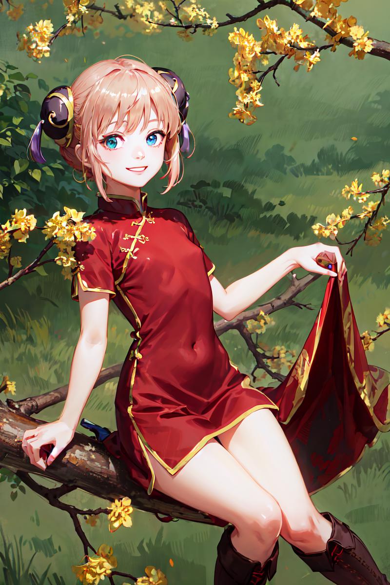 Anime girl in red dress sitting on a branch of a tree - SeaArt AI