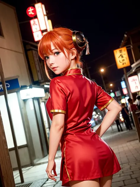 8k, best quality, real picture, intricate details, ultra-detailed, ultra highres, depth field,(photorealistic,realistic:1.2),masterpiece,
0.25 :: close-up , (from behind shot, rear view, looking back) , from above ,
1girl, kagura, <lora:kagura_v1:0.65>, an extremely beautiful girl, orange hair, blue eyes, perfect shiny skin, flawless skin, fair skin, light blush, solo, looking at viewer,
sweat,
smile ,
kgr1, red dress, double bun, bun cover, china dress, chinese clothes, knee boots, short sleeves, small breasts :1.3,
gravure pose, sexy pose ,
at night, night illumination ,
street scenery of residential area in Japan ,