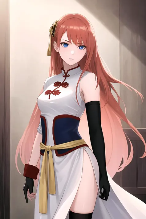 masterpiece, best quality, highres, kgr2, 1girl, long hair, gloves, white dress, asymmetrical gloves, chinese clothes, side slit, black gloves, china dress, uneven gloves, elbow gloves, thighhighs, <lora:kagura_v1:0.7>, cowboy shot,
