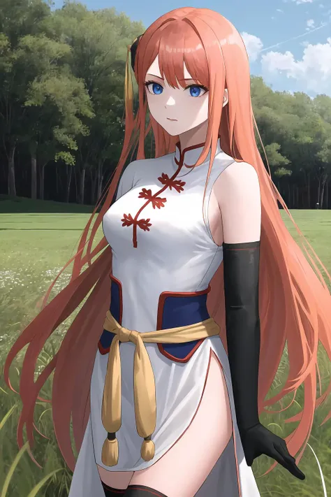 masterpiece, best quality, highres, kgr2, 1girl, long hair, gloves, white dress, asymmetrical gloves, chinese clothes, side slit, black gloves, china dress, uneven gloves, elbow gloves, thighhighs, <lora:kagura_v1:0.7>, cowboy shot, outdoors,field, grass,