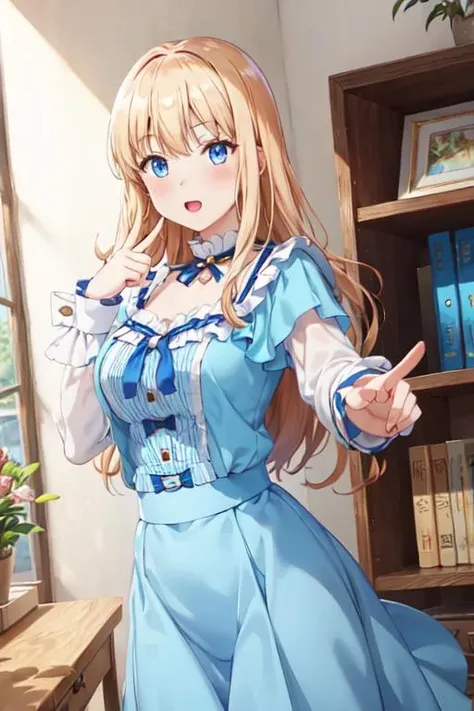 A woman in a blue dress is standing in front of a book shelf - SeaArt AI