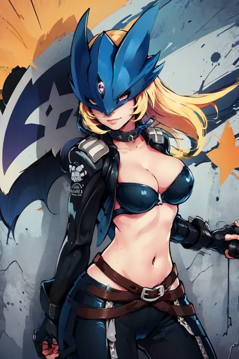 ((masterpiece,best quality)), absurdres, <lora:Beelstarmon_Digimon:0.8>, Beelstarmon_Digimon, 1girl, smile, solo,  blonde hair, large breasts, red eyes, sidelocks, third eye, mask,  leather jacket, leather pants, strapless bra, black jacket, tight pants, black choker, zipper, fingerless gloves, biker clothes, spikes, unzipped, multiple belts, shiny clothes, high collar, CONCEPT_graffiti_wall_ownwaifu, (graffiti:1.2), brick wall,<lora:CONCEPT_graffiti_wall_ownwaifu-15:1>